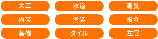 大工・水道・電気・内装・塗装・板金・基礎・タイル・左官